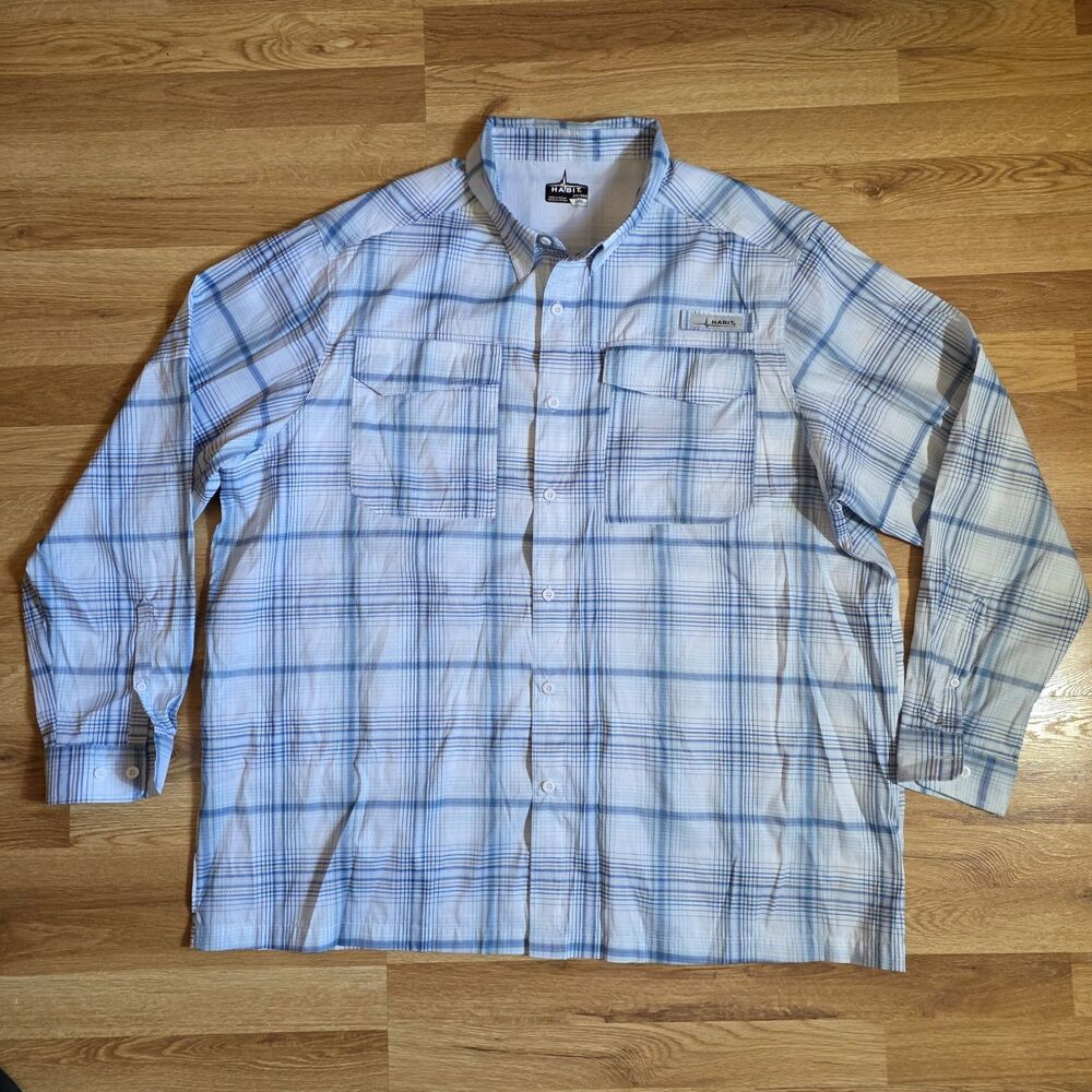 Habit Fishing Shirt Vented Long Sleeve Button Up Blue White Size 2XL